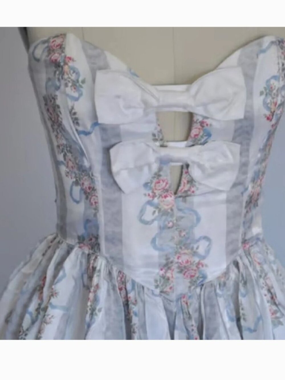 Gunne Sax Blue White Floral Bow Print Satin Midi Maxi Dress 5 - Picture 5 of 5